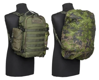 Small over a Särmä TST Combat Pack with side pouch and tarp roll.