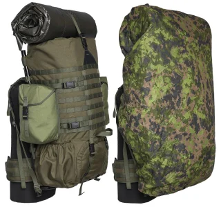 X-Large over a Särmä TST RP80 recon pack with side pouches and sleeping mat on top.