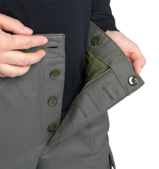 Button fly, suspender buttons on the inside of the waist.