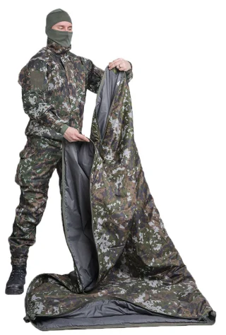 Preparations for cloak wear: fold over to form a bag, close the long side zipper halfaways, leave one short zipper (leg end) completely open and the other half open from the folded side's corner. Old version with gray lining.