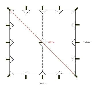 290 x 290 cm.  The new model, which has 17 webbing loops.