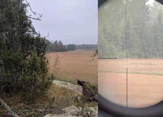 Vasemmalla naamioviitta, oikealla vihreä metsästyspuku. Etäisyys noin 250 m. Kuvattu käsivaralla kännykällä katselukiikarin läpi.