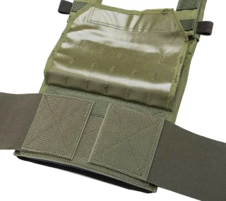 The elastic cummerbund attaches and is adjustable using hook-and-loop.