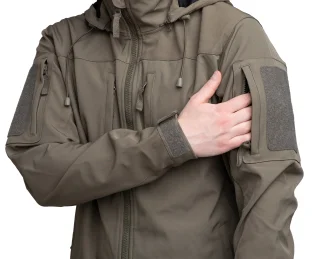 A small zippered pocket on the sleeve and a velcro patch base on top of it.