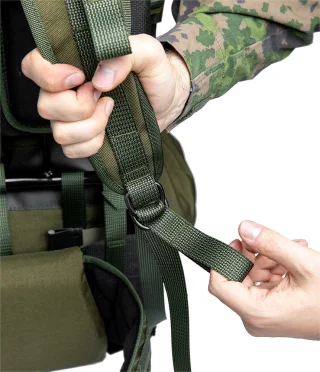 Shoulder harness lower adjustment and quick release tab.