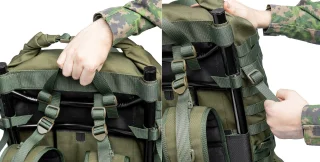 Carry handle straps attached onto the neck area of the frame and sides of the main bag.