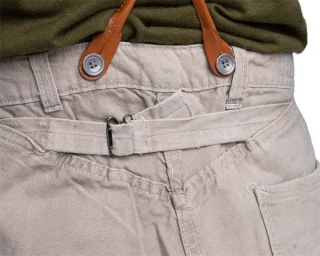 Brace buttons (suspenders not included) and back adjustment strap.