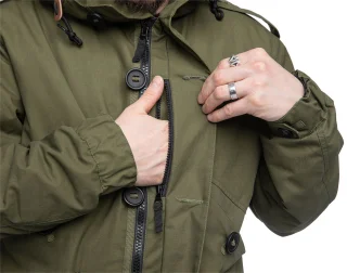 Hidden pocket under the storm flap accessible with a closed parka.