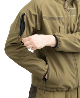 Coyote brown jacket has a pocket on the right sleeve.