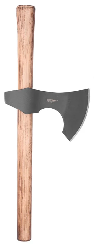 The axe head is put on through the lower end of the handle.