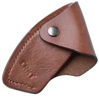 A leather sheath with a snap fastener.