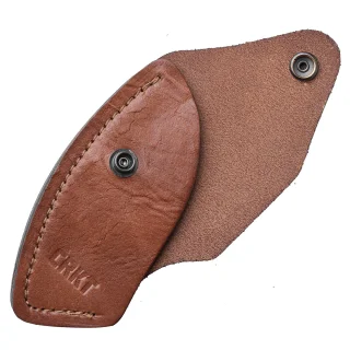 A leather sheath with a snap fastener.