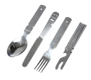 The set includes a spoon, knife, fork, and cryptically engineered can opener/bottle opener.