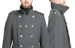 Double-breasted. The color and style of the buttons may vary along with other details of the coats.