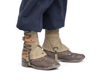 Here the gaiters are worn with the boot legs bloused over the gaiters. Thus smaller size gaiters will do.