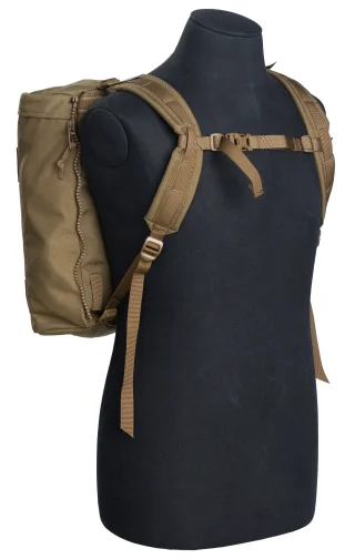 Two side pouches as a day pack. Shoulder and chest straps are included.