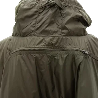 At the back, there is a a pocket that contains a small bag for the detachable sleeping bag hood.