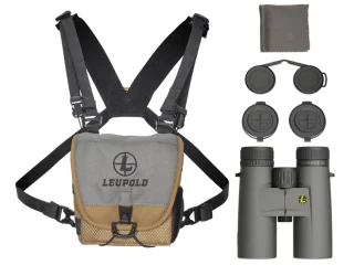 Included in the box: Leupold, BX-1 McKenzie HD 8x42 binoculars, GO Afield™ Binocular harness with a carry case, lens covers, and a lens cloth.