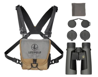 Included in the box: Leupold, BX-2, Alpine HD 10x52 binoculars, GO Afield™ Binocular harness with a carry case, lens covers, and a lens cloth.