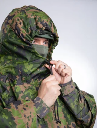 Helmet-sized hood with drawcord.