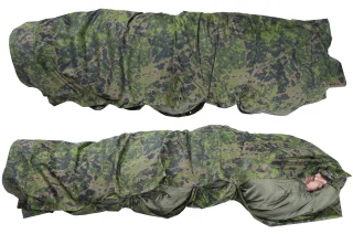 It can be also buttoned to form a snug cover for a sleeping bag.