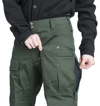 Large cargo pockets with bellows and folding mouth. Cell phone pocket behind right cargo pocket.