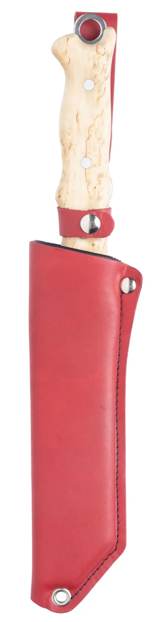 The "Varusteleka red" sheath is included with the knife. The brown and black leather sheath of the Skrama 240 also work with this Anniversary Edition.