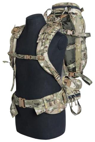 A 10 liter stuff sack between the frame and the backpack. Stuff sack is sold separately.