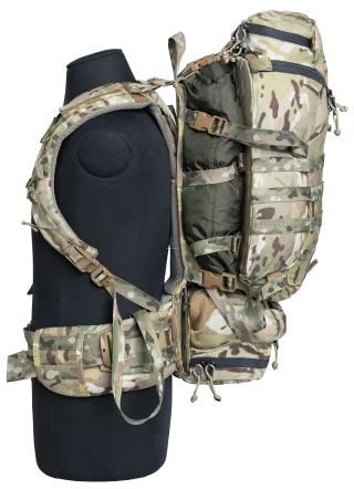 A 10 liter stuff sack between the frame and the backpack. Stuff sack is sold separately.